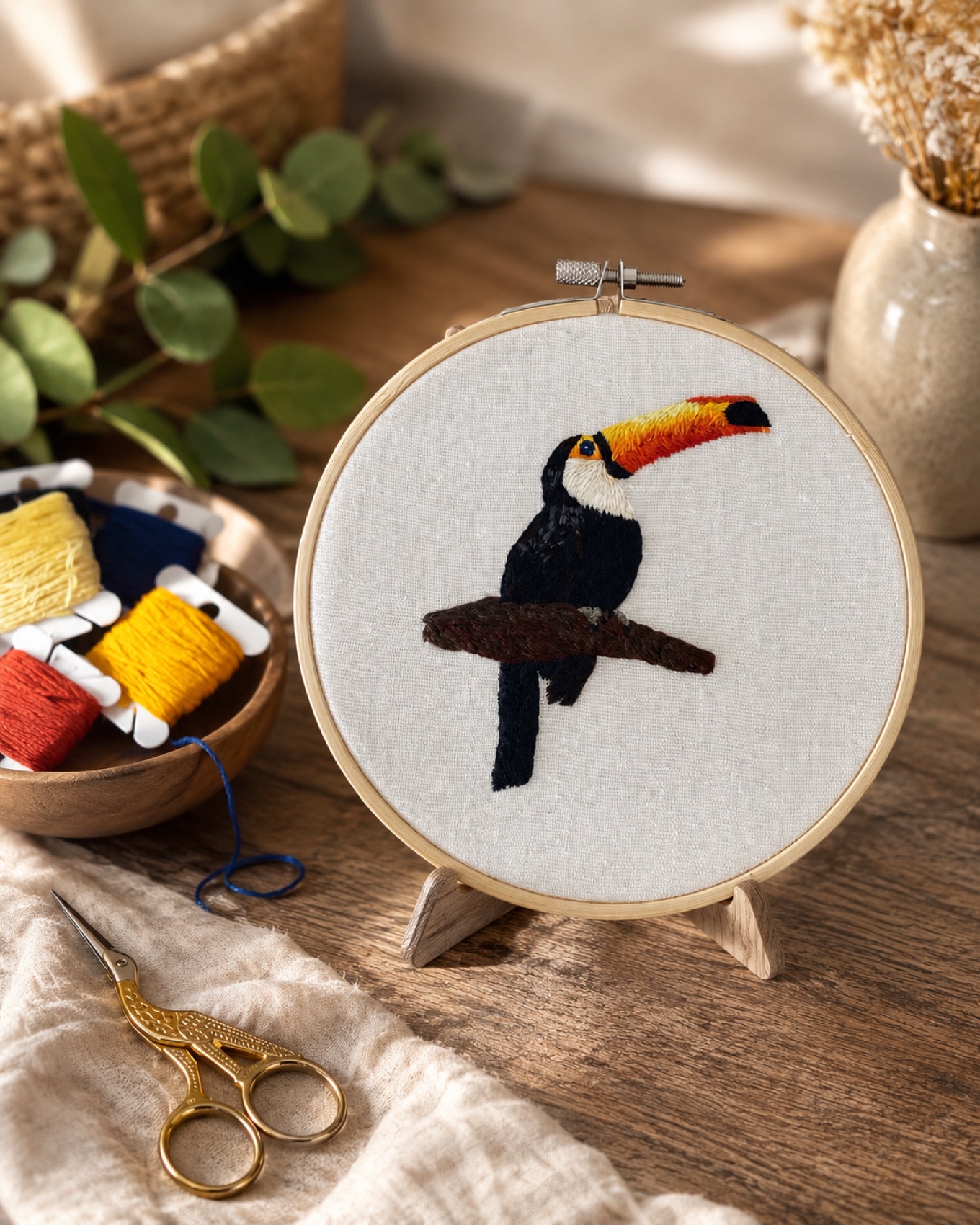 A toco toucan on a branch, hand-embroidered in black with an orange beak.